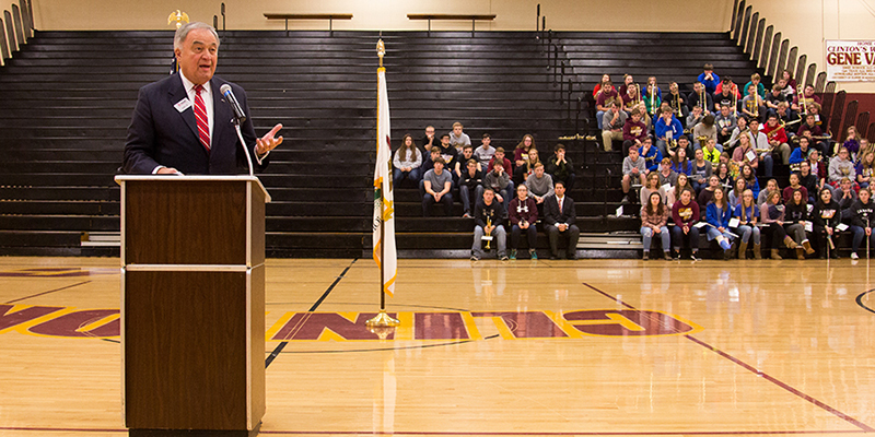 mick speaking at the school assembly